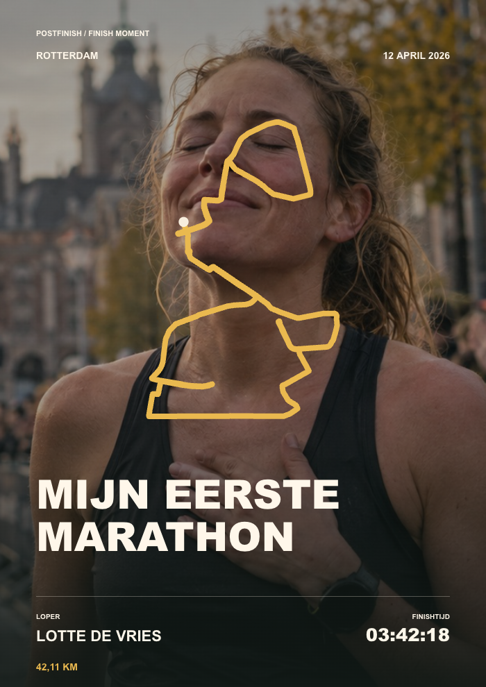 Finishfoto: dezelfde GPX-route van Rotterdam met titel, naam, datum en tijd