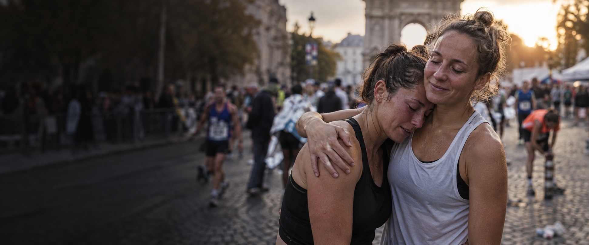 Hardloopvrienden delen de trots na de finish
