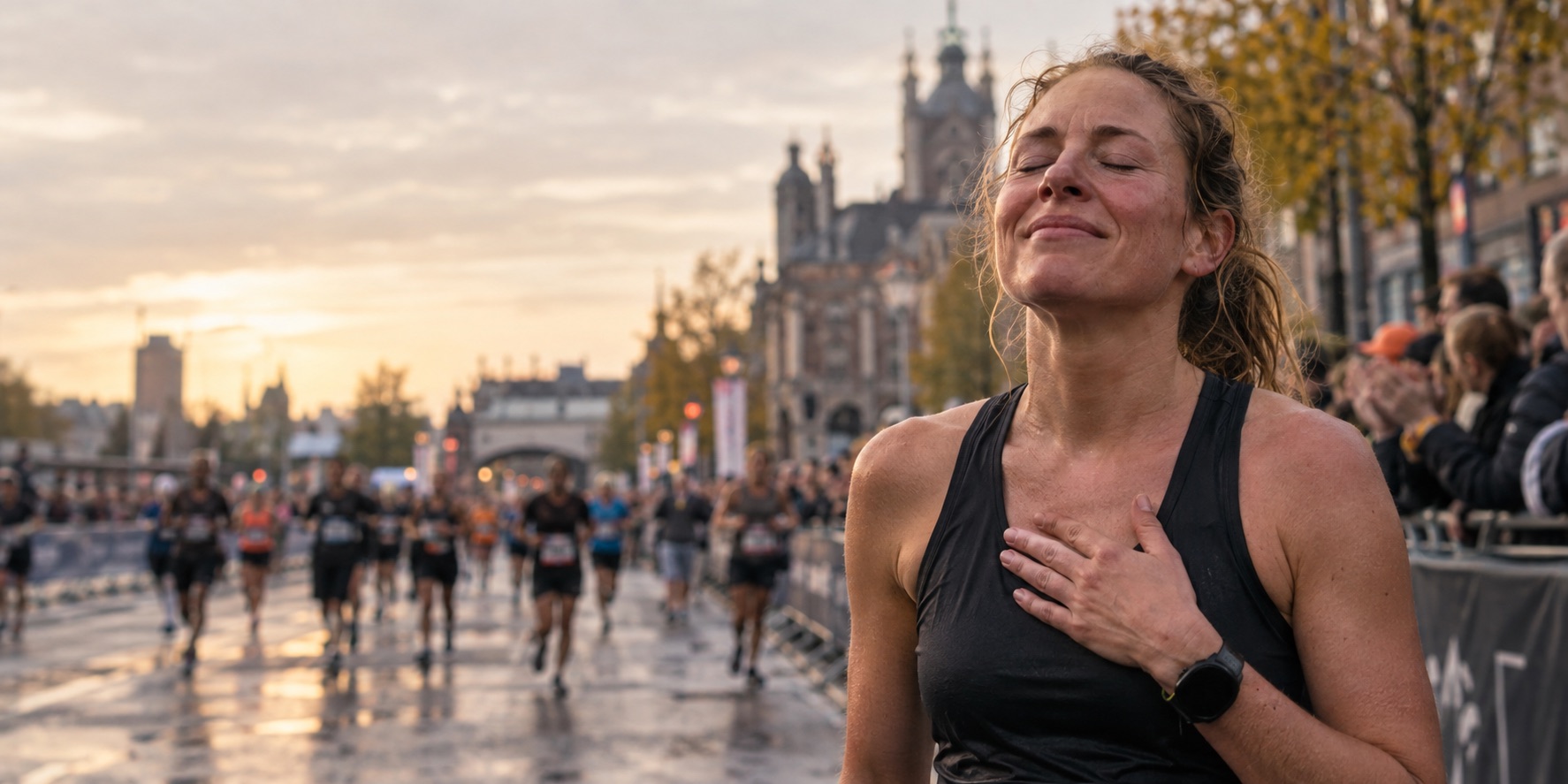 Hardloper neemt na de finish een stil moment om haar prestatie te voelen