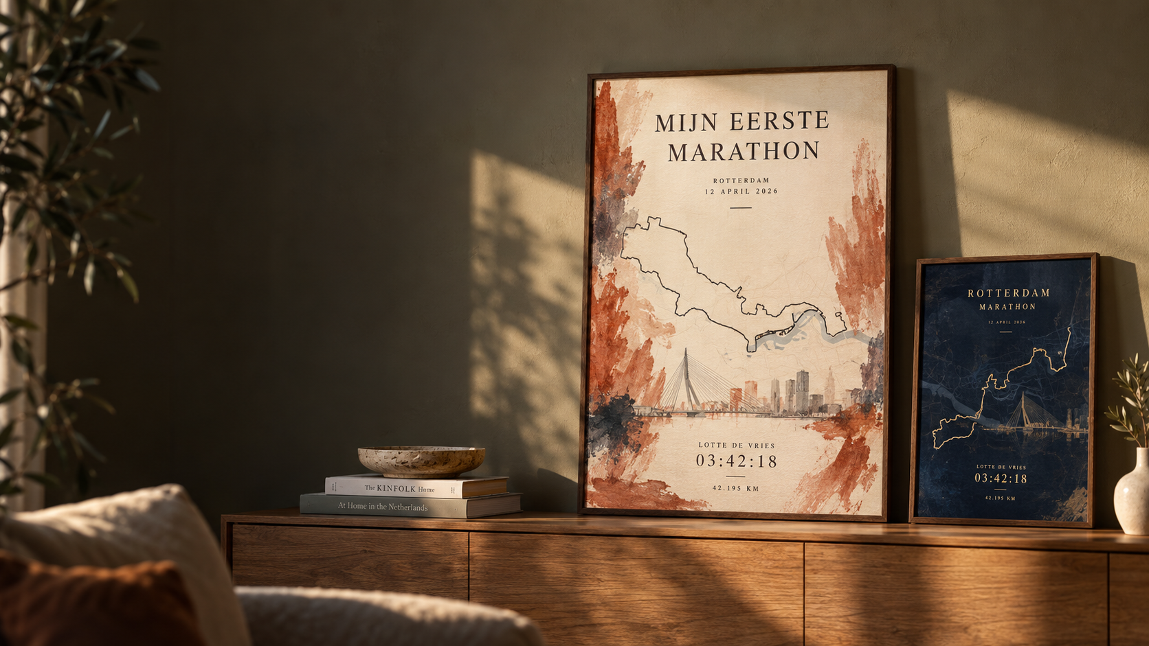 Sfeerbeeld met een persoonlijke gouacheposter en een donkere inktposter in huis